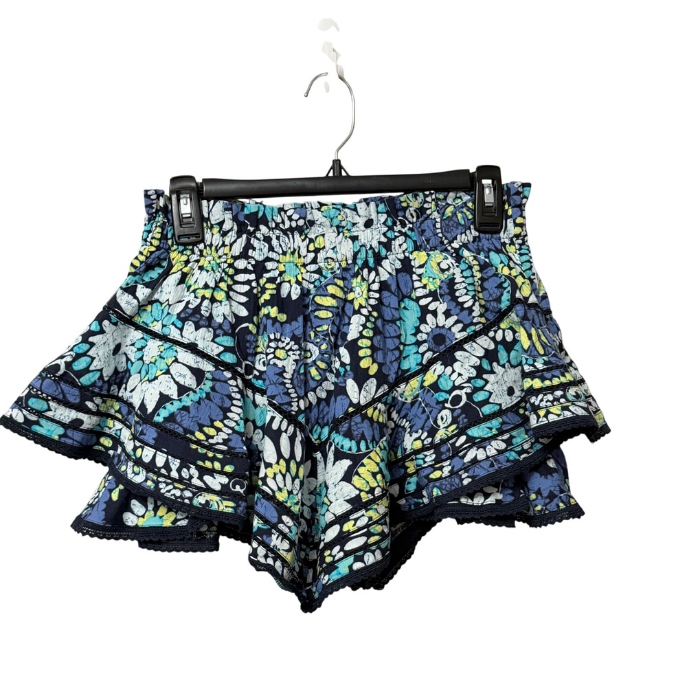 Aerie Women Small Navy Blue Floral Tiered Ruffle Skort Crochet Lace Trim Cotton